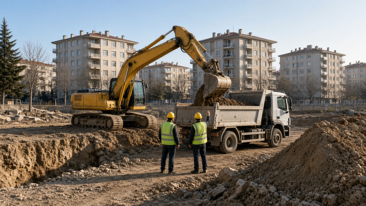 Toprak Hafriyat operatörleri kepçeyle kamyona toprak yüklerken